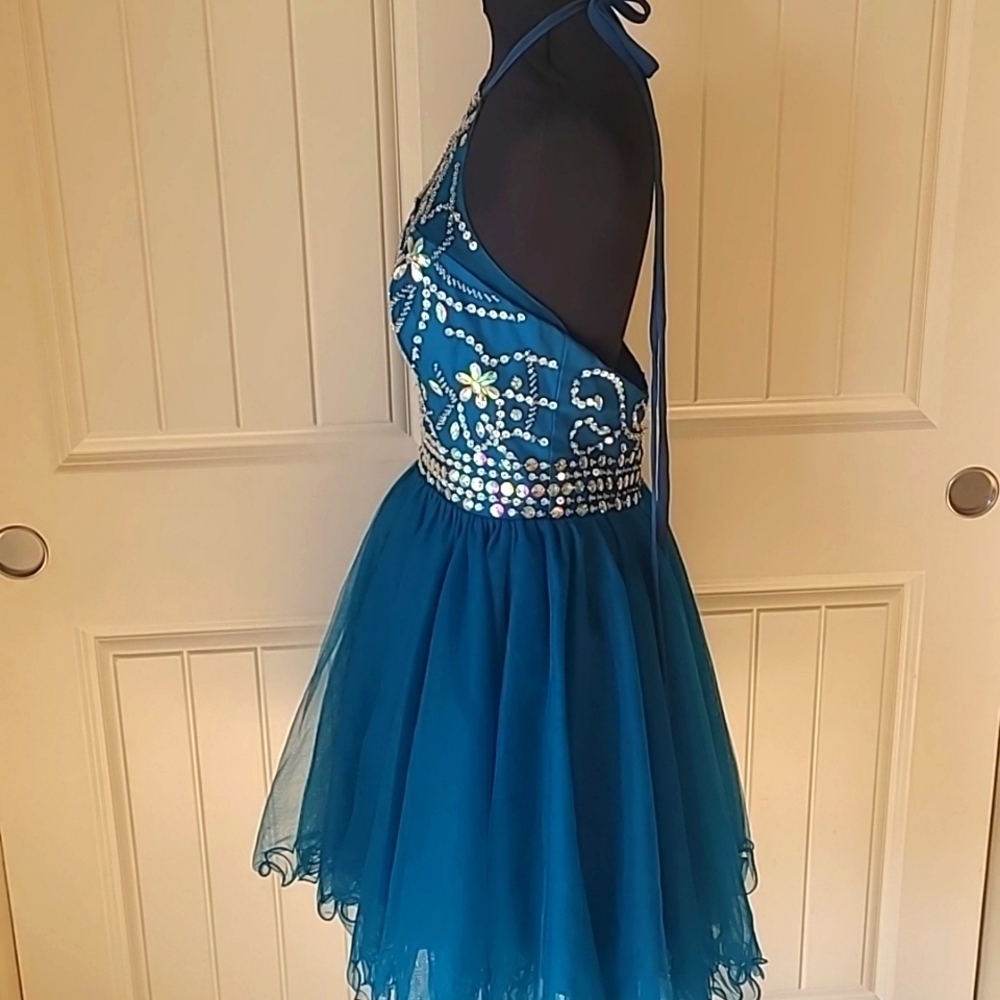 Musever Teal Halter Beaded Mini Dress size 8 - Picture 3 of 7